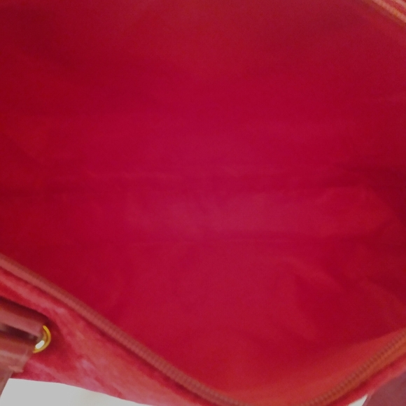 K L Red Quilted Velvet Zip Faux Leather Double Handle Travel Duffel ShoulderBag - Picture 8 of 14